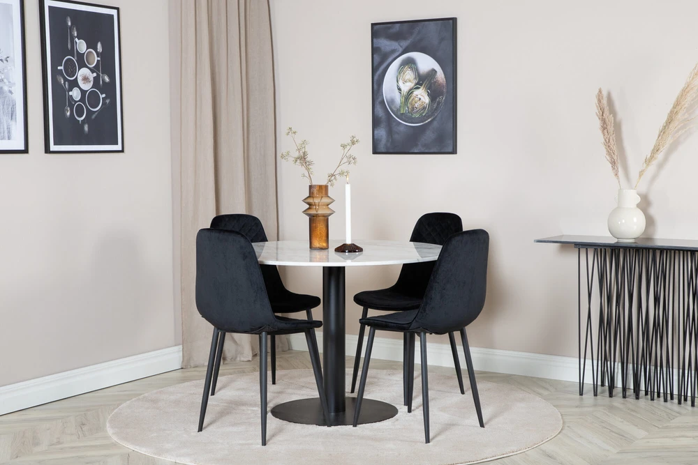 Venture Design Valgomojo stalas, Estelle, ø106 A75 cm, Balta / Valgomasis kėdė, Polar, 52x86x44 cm, Juoda