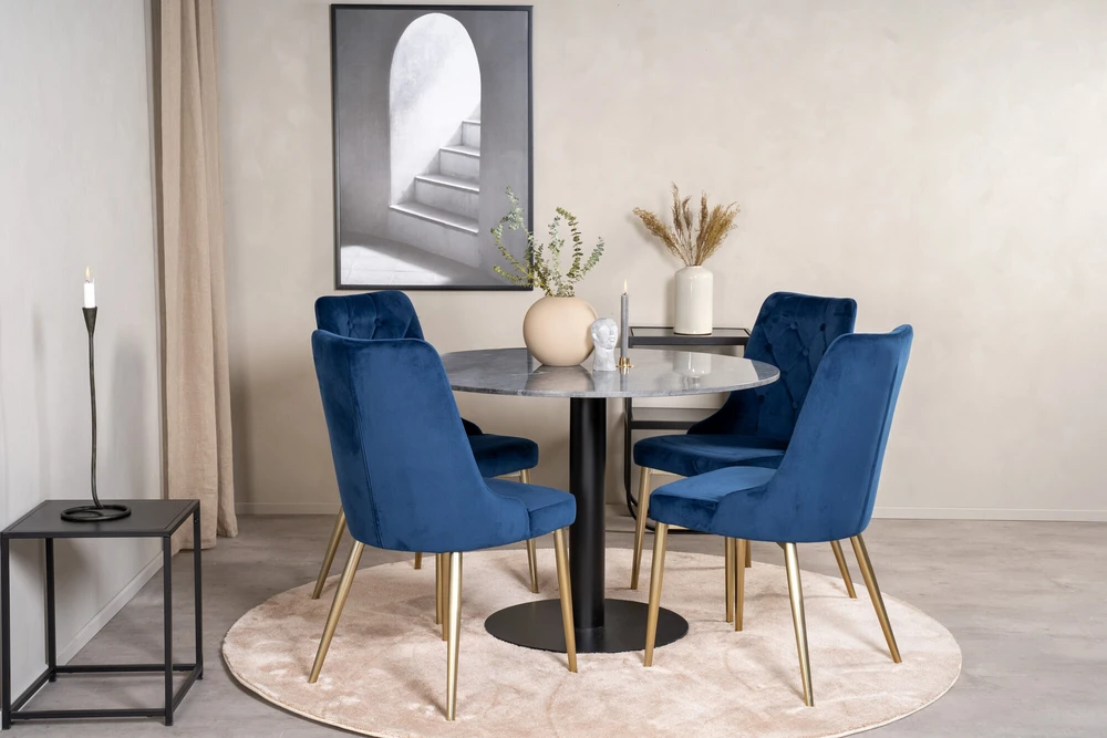 Venture Design Valgomojo stalas, Estelle, 106 cm, Pilka/Juoda, Veltinė prabangi kėdė, Mėlyna/Medžio švartas