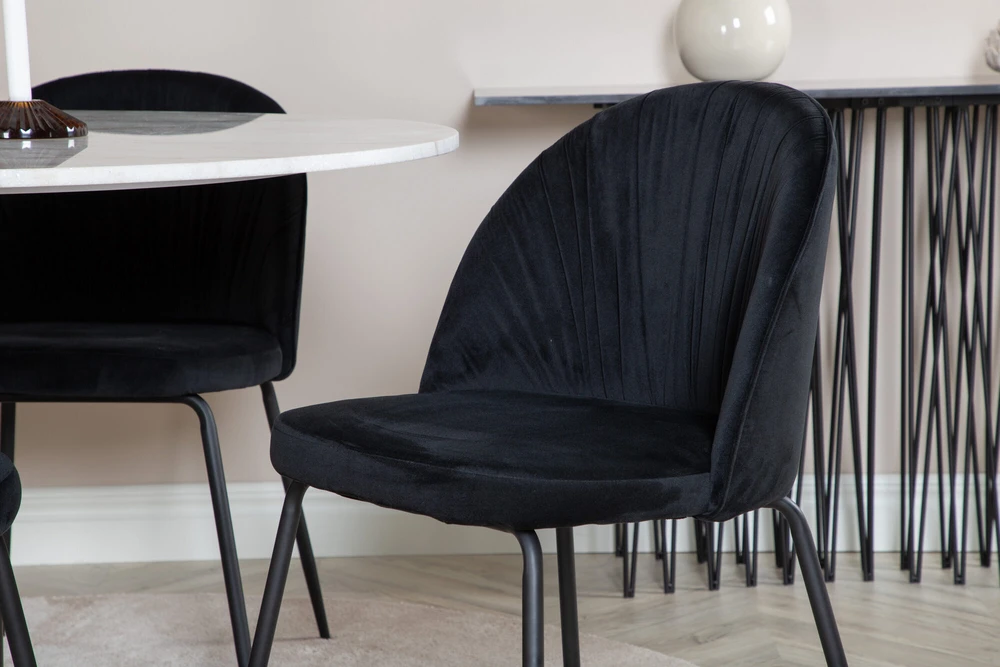 Venture Design Valgomojo stalas, Estelle, ø106x75 cm, Balta / Valgomasis kėdė, Raukšlės, 50x79.5x49 cm, Juoda