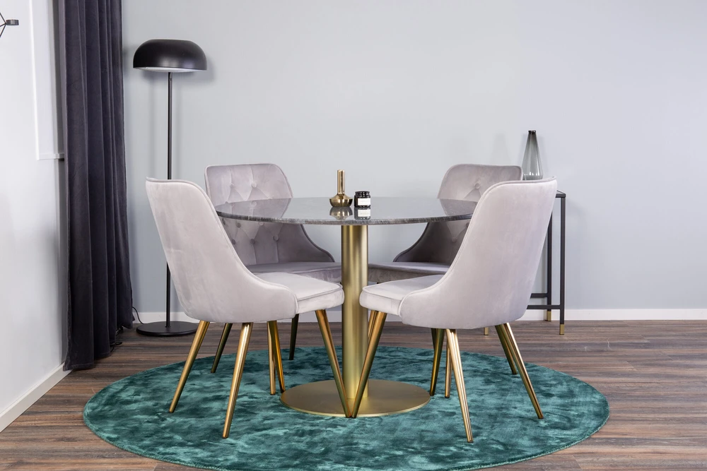 Venture Design Valgomojo stalas, Estelle, 106 cm, Pilka marmuras / Bronza - kėdė, Velvet Deluxe, 66x88.5x50 cm, Šviesiai pilkas velvetinis