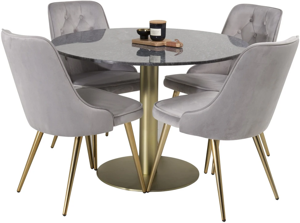 Venture Design Valgomojo stalas, Estelle, 106 cm, Pilka marmuras / Bronza - kėdė, Velvet Deluxe, 66x88.5x50 cm, Šviesiai pilkas velvetinis