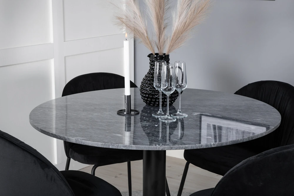 Venture Design Valgomojo stalas, Estelle apvalus, ø106 A75 cm, Juodas / Valgomasis kėdė, Raukšlės, 50x79.5x49 cm, Juoda