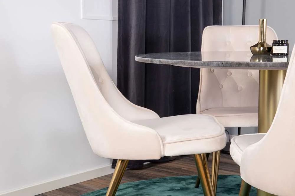 Venture Design Valgomojo stalas, Estelle, ⌀106 cm, Pilka marmuras / Valgomasis kėdė, Velvet Deluxe, 66x88.5x50 cm, kreminė spalva