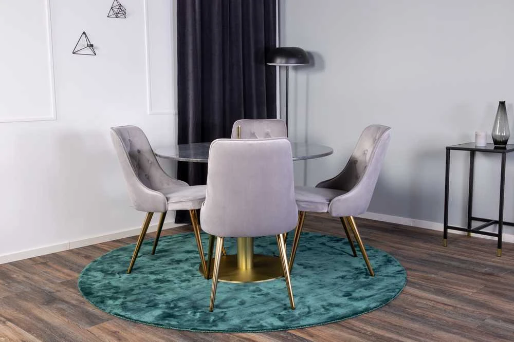 Venture Design Valgomojo stalas, Estelle, 106 cm, Pilka marmuras / Bronza - Valgomasis kėdė, Velvet Deluxe, 66x88.5x50 cm, Šviesiai pilkas velvetinis