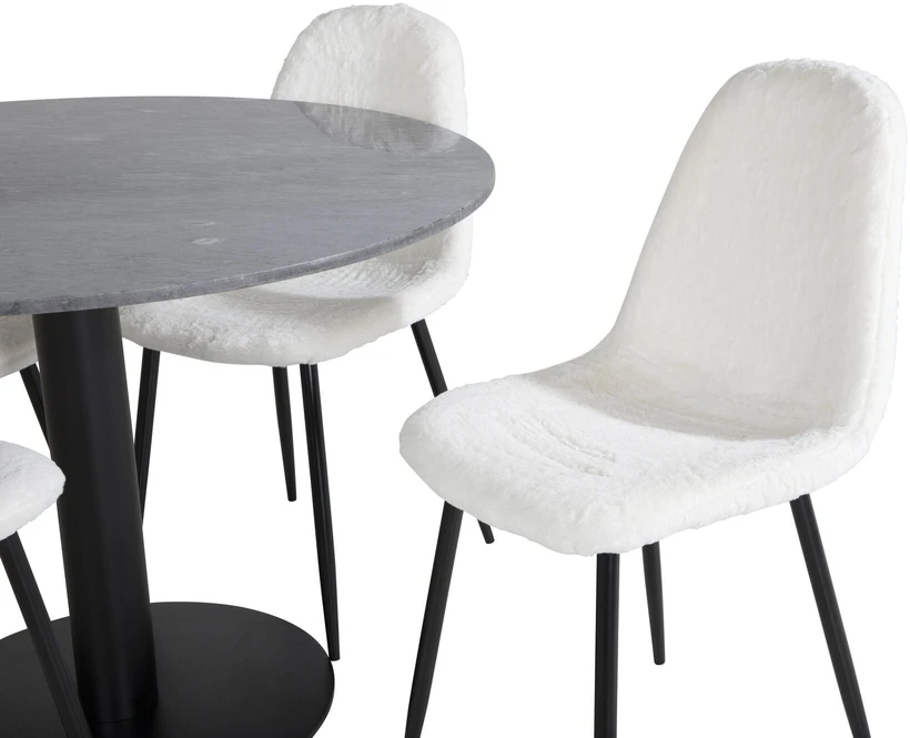 Venture Design Valgomojo stalas, Estelle apvalus, ø106 A75 cm, Juodas / Valgomasis kėdė, Polar Fluff, 53x87x44 cm, Balta