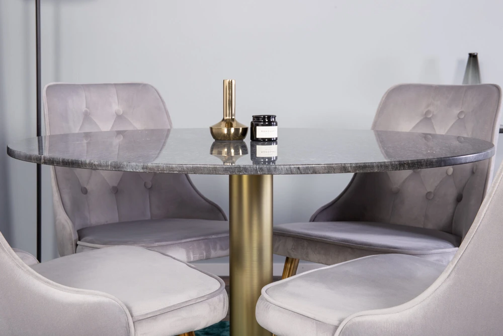 Venture Design Valgomojo stalas, Estelle, 106 cm, Pilka marmuras / Bronza - kėdė, Velvet Deluxe, 66x88.5x50 cm, Šviesiai pilkas velvetinis