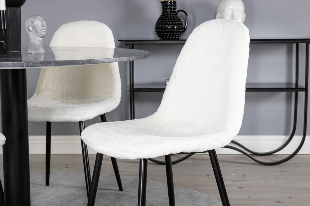 Venture Design Valgomojo stalas, Estelle apvalus, ø106 A75 cm, Juodas / Valgomasis kėdė, Polar Fluff, 53x87x44 cm, Balta