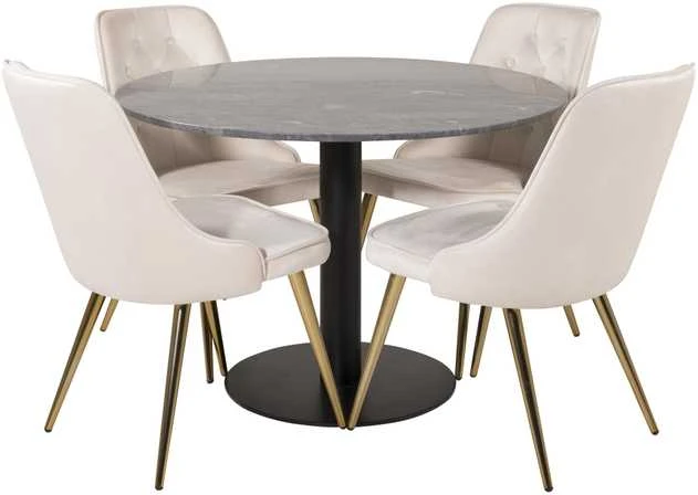Venture Design Valgomojo stalas, Estelle, ø106xA75 cm, Juodas / Valgomasis kėdė, Velvet Deluxe, 66x88.5x50 cm, kreminė spalva