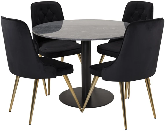 Venture Design Valgomojo stalas, Estelle, ⌀106 cm, Pilka marmuras, Velnio prabangūs kėdės, 66x88.5x50 cm, Juoda