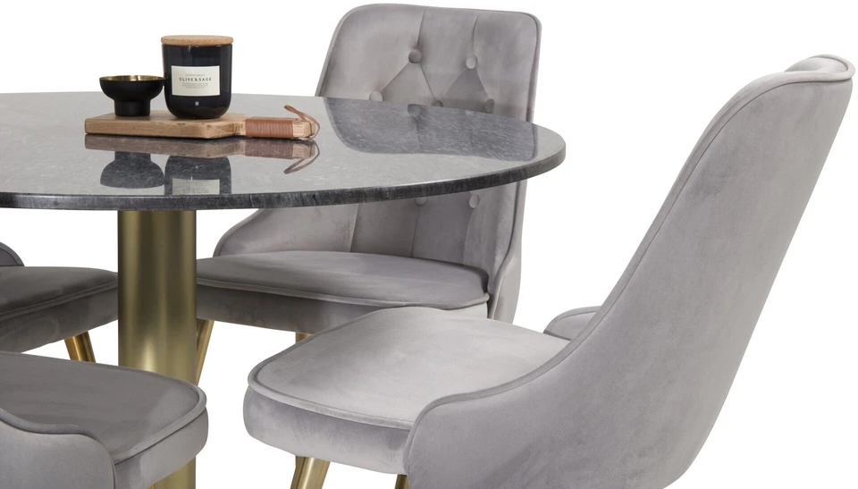 Venture Design Valgomojo stalas, Estelle, 106 cm, Pilka marmuras / Bronza - kėdė, Velvet Deluxe, 66x88.5x50 cm, Šviesiai pilkas velvetinis