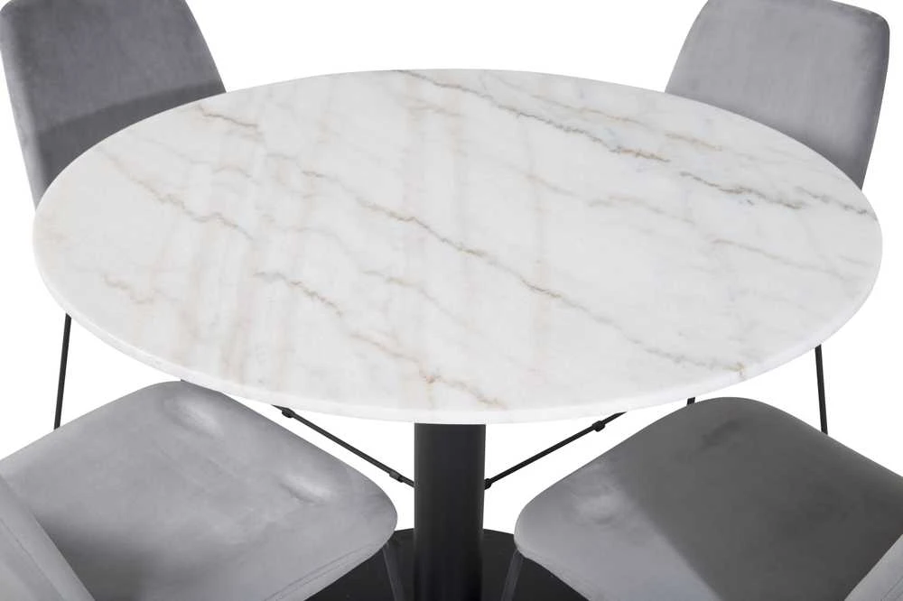 Venture Design Valgomojo stalas, Estelle, ø106x75 cm, Balta / Valgomasis kėdė, Muce, 63x84x43 cm, Pilka