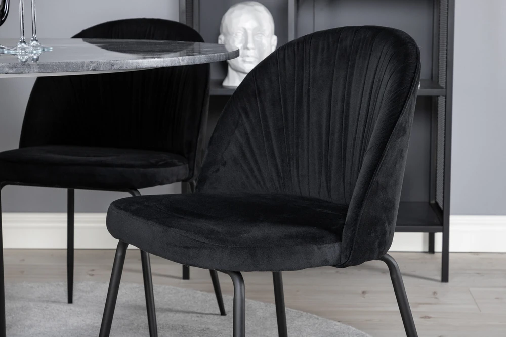Venture Design Valgomojo stalas, Estelle apvalus, ø106 A75 cm, Juodas / Valgomasis kėdė, Raukšlės, 50x79.5x49 cm, Juoda