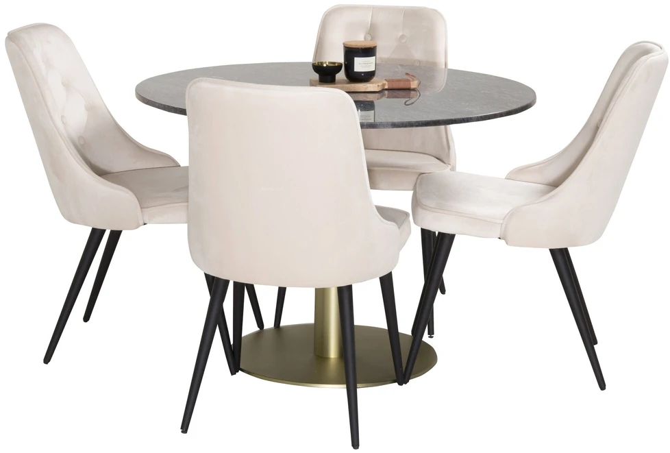 Venture Design Valgomojo stalas, Estelle, ⌀106 cm, Pilka marmuras / Valgomasis kėdė, Velvet Deluxe, 66x88.5x50 cm, Bėžinė