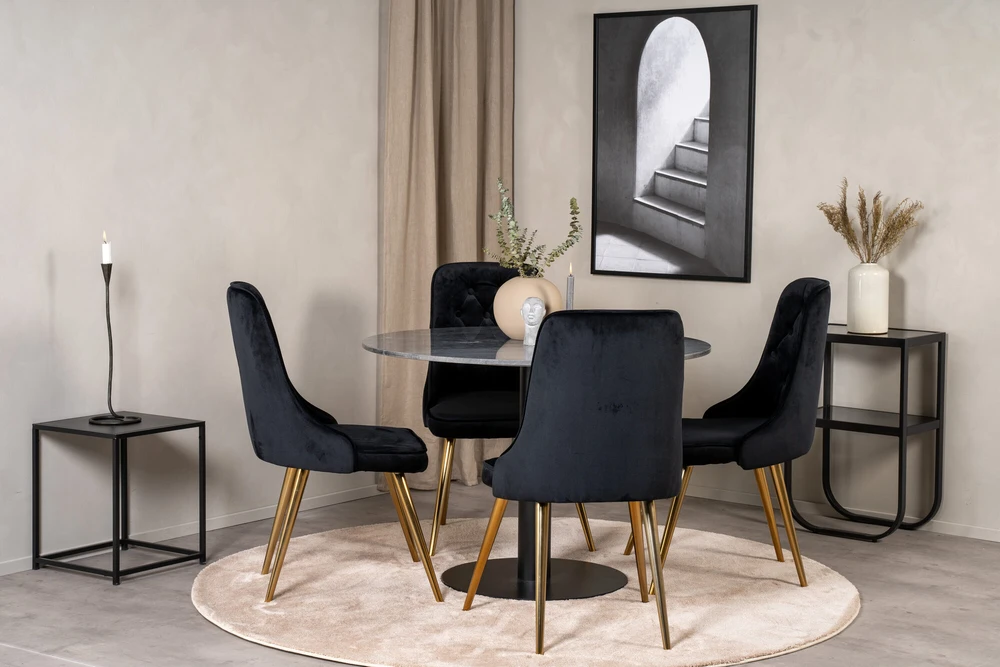 Venture Design Valgomojo stalas, Estelle, ⌀106 cm, Pilka marmuras, Velnio prabangūs kėdės, 66x88.5x50 cm, Juoda