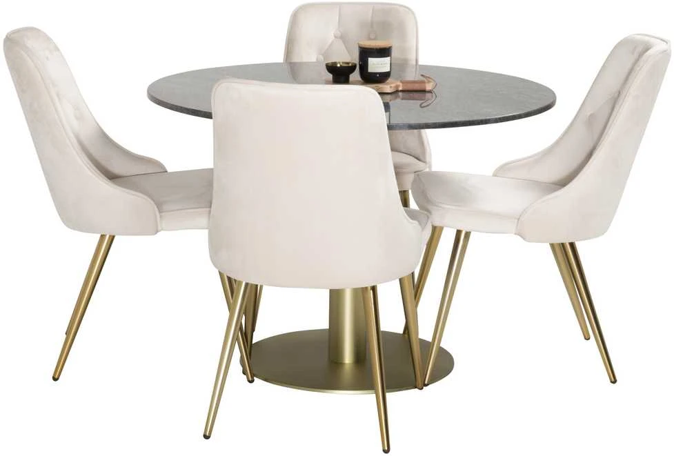Venture Design Valgomojo stalas, Estelle, ⌀106 cm, Pilka marmuras / Valgomasis kėdė, Velvet Deluxe, 66x88.5x50 cm, kreminė spalva