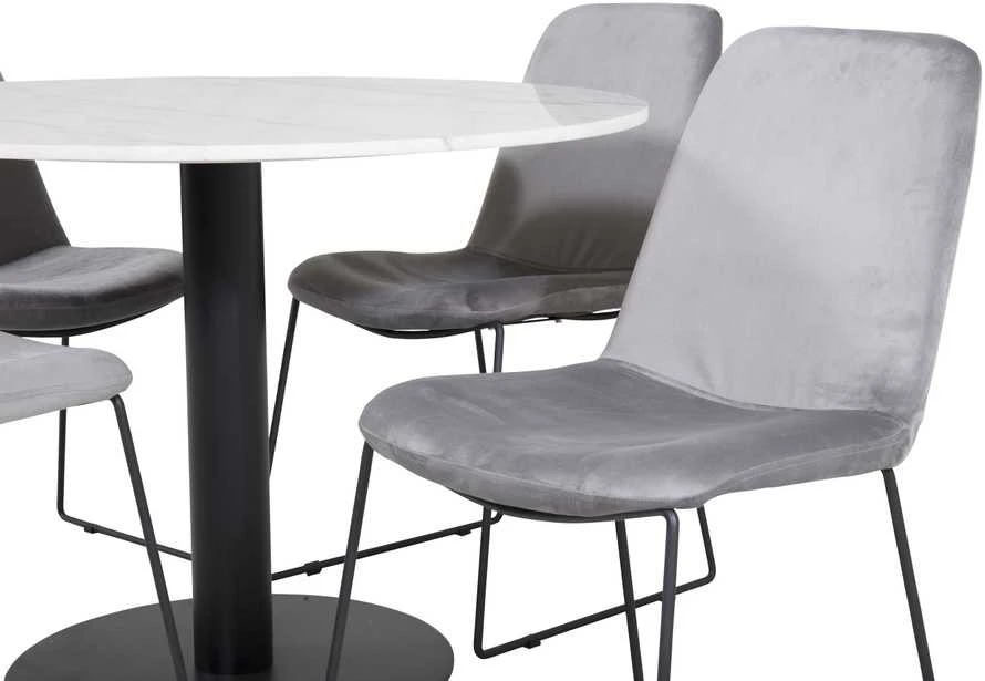 Venture Design Valgomojo stalas, Estelle, ø106x75 cm, Balta / Valgomasis kėdė, Muce, 63x84x43 cm, Pilka