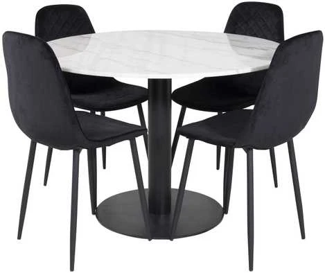 Venture Design Valgomojo stalas, Estelle, ø106 A75 cm, Balta / Valgomasis kėdė, Polar, 52x86x44 cm, Juoda