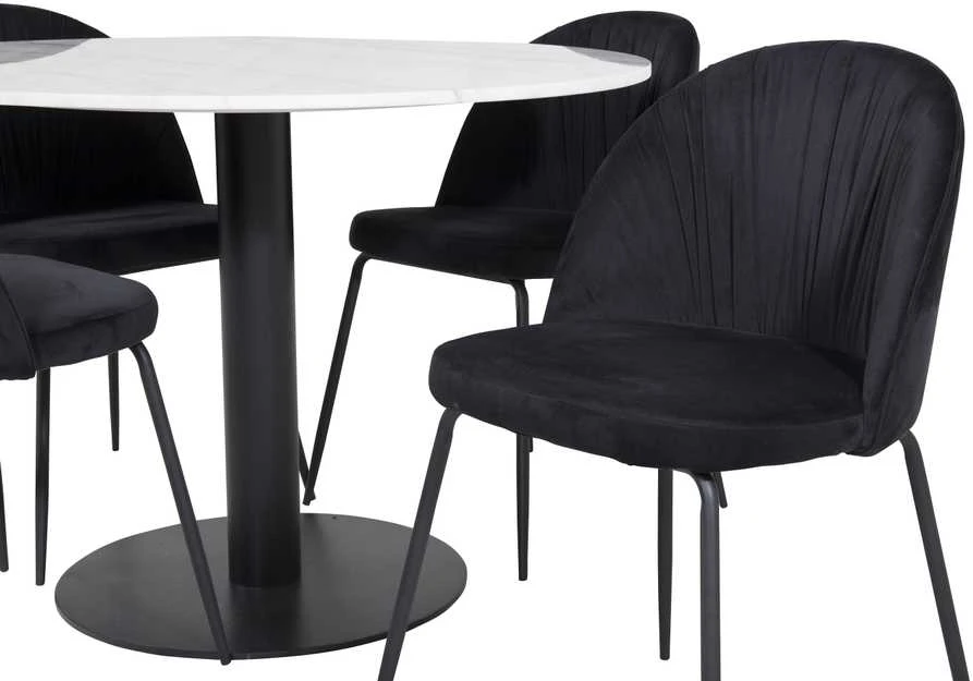 Venture Design Valgomojo stalas, Estelle, ø106x75 cm, Balta / Valgomasis kėdė, Raukšlės, 50x79.5x49 cm, Juoda