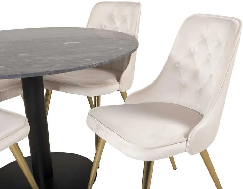 Venture Design Valgomojo stalas, Estelle, ø106xA75 cm, Juodas / Valgomasis kėdė, Velvet Deluxe, 66x88.5x50 cm, kreminė spalva