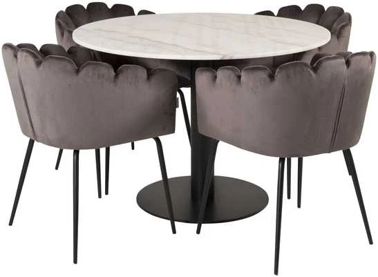 Venture Design Valgomojo stalas, Estelle, ø106 cm, Juoda/Balta Marmuras, Kėdė, Limhamn, 54x76x61 cm, Pilka
