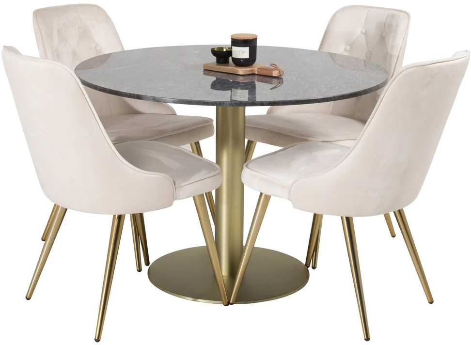 Venture Design Valgomojo stalas, Estelle, ⌀106 cm, Pilka marmuras / Valgomasis kėdė, Velvet Deluxe, 66x88.5x50 cm, Bėžinės spalva