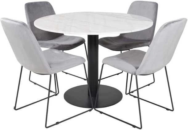 Venture Design Valgomojo stalas, Estelle, ø106x75 cm, Balta / Valgomasis kėdė, Muce, 63x84x43 cm, Pilka