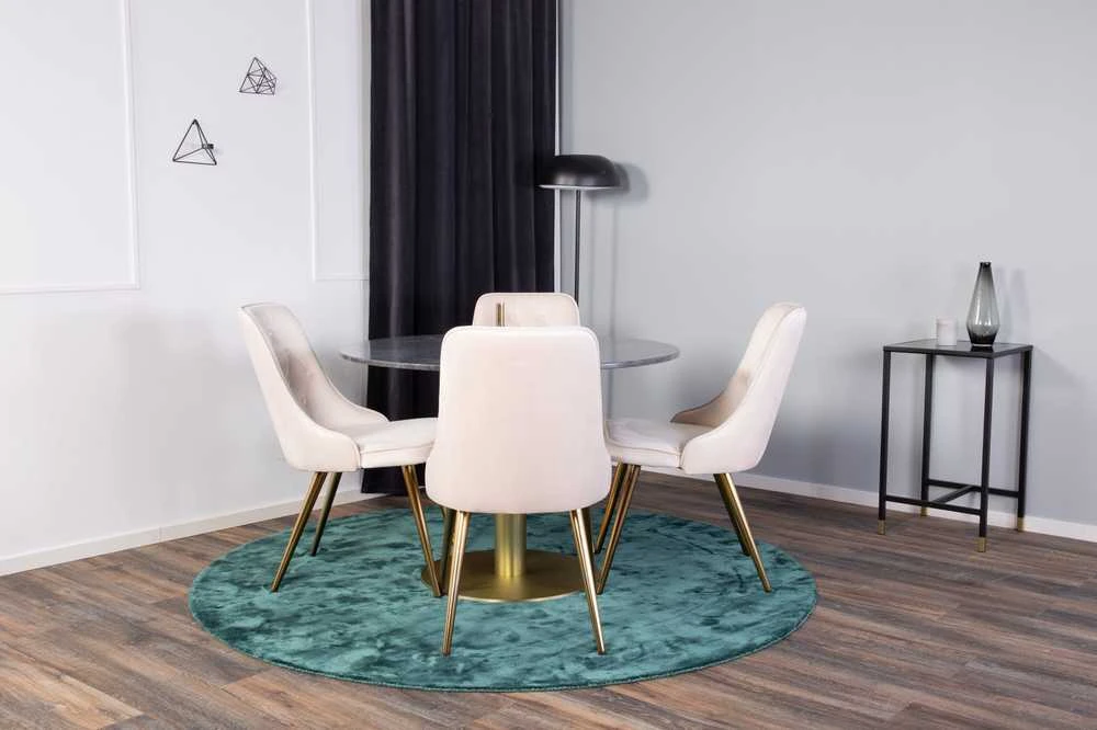Venture Design Valgomojo stalas, Estelle, ⌀106 cm, Pilka marmuras / Valgomasis kėdė, Velvet Deluxe, 66x88.5x50 cm, kreminė spalva
