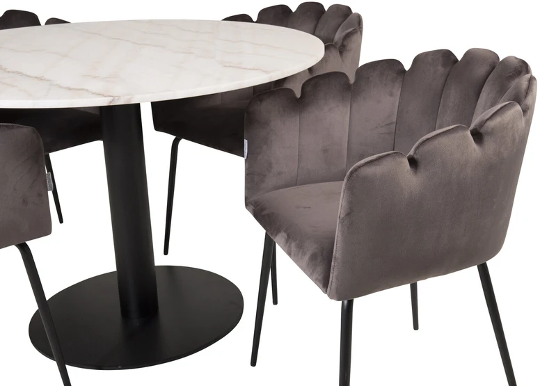 Venture Design Valgomojo stalas, Estelle, ø106 cm, Juoda/Balta Marmuras, Kėdė, Limhamn, 54x76x61 cm, Pilka