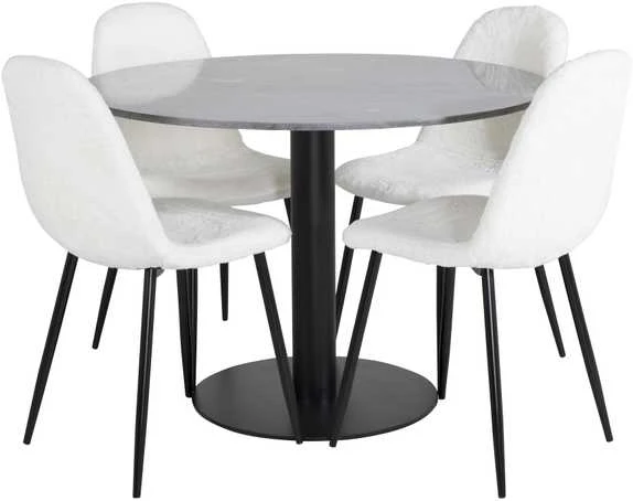 Venture Design Valgomojo stalas, Estelle apvalus, ø106 A75 cm, Juodas / Valgomasis kėdė, Polar Fluff, 53x87x44 cm, Balta