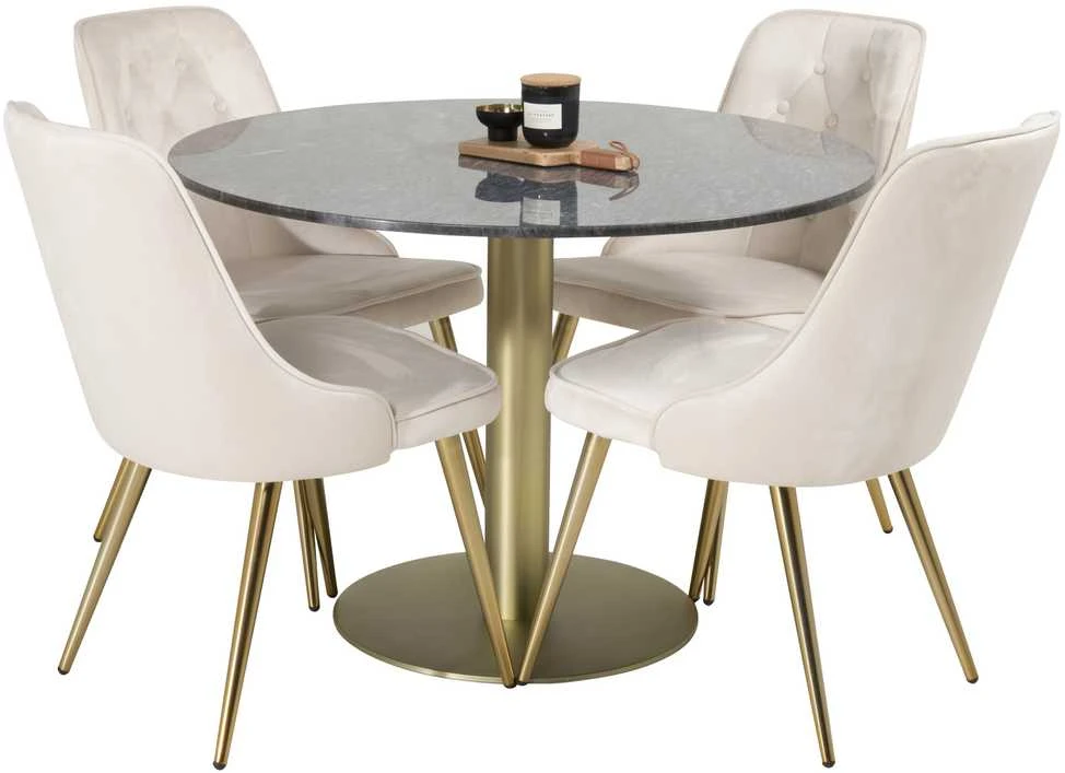 Venture Design Valgomojo stalas, Estelle, ⌀106 cm, Pilka marmuras / Valgomasis kėdė, Velvet Deluxe, 66x88.5x50 cm, kreminė spalva