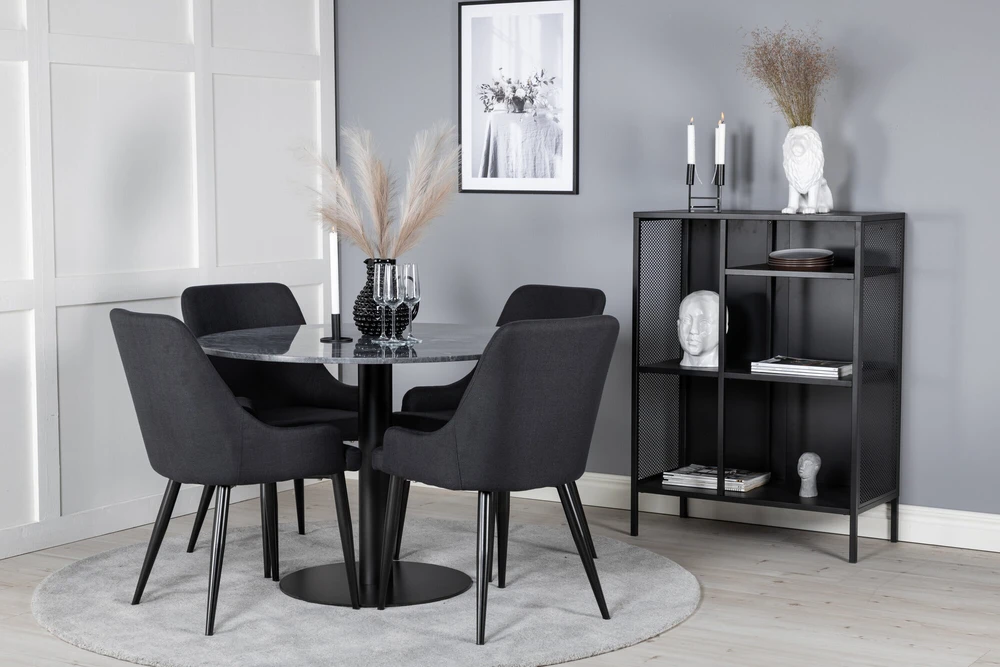 Venture Design Valgomojo stalas, Estelle, ø106 A75 cm, Juodas / Valgomasis kėdė, Plaza, 58x86x49 cm, Juoda