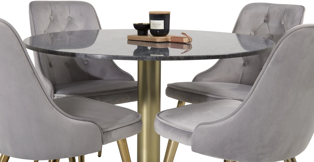 Venture Design Valgomojo stalas, Estelle, 106 cm, Pilka marmuras / Bronza - kėdė, Velvet Deluxe, 66x88.5x50 cm, Šviesiai pilkas velvetinis