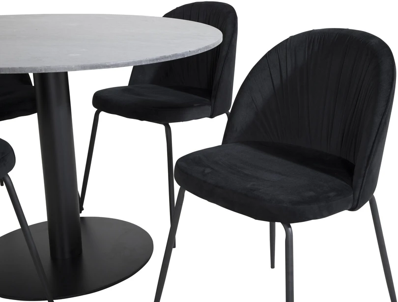 Venture Design Valgomojo stalas, Estelle apvalus, ø106 A75 cm, Juodas / Valgomasis kėdė, Raukšlės, 50x79.5x49 cm, Juoda