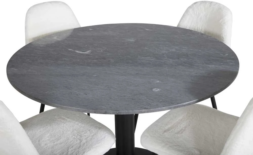 Venture Design Valgomojo stalas, Estelle apvalus, ø106 A75 cm, Juodas / Valgomasis kėdė, Polar Fluff, 53x87x44 cm, Balta