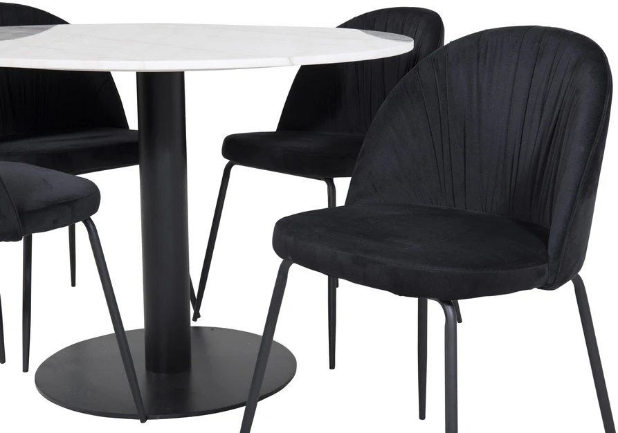 Venture Design Valgomojo stalas, Estelle, ø106x75 cm, Balta / Valgomasis kėdė, Raukšlės, 50x79.5x49 cm, Juoda