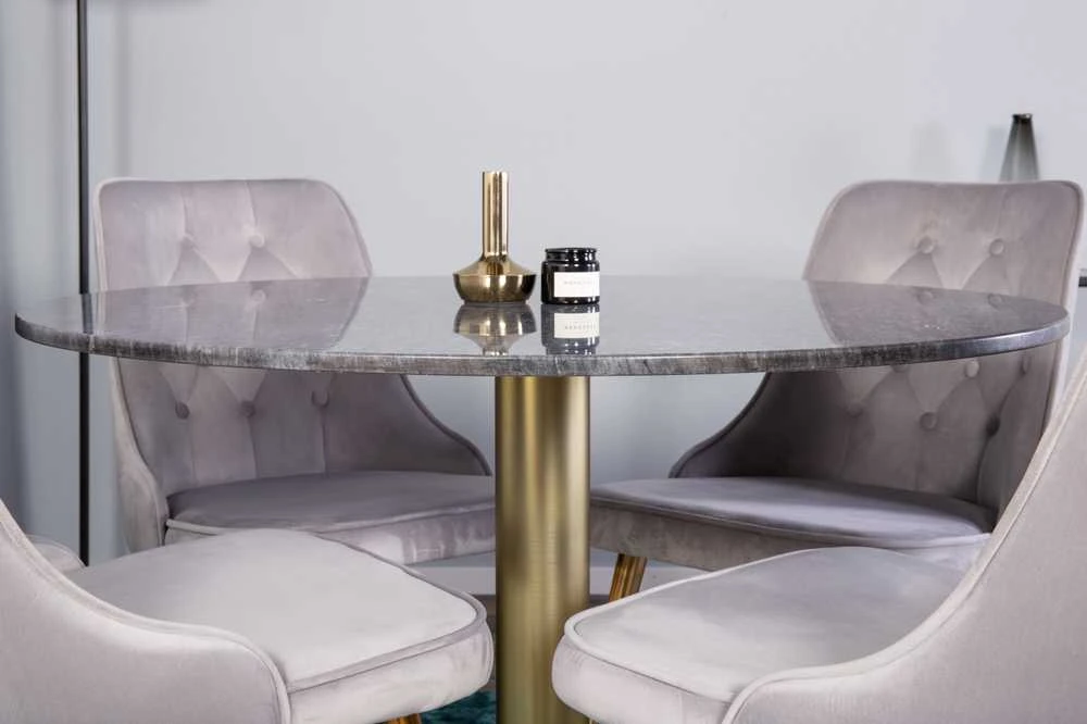 Venture Design Valgomojo stalas, Estelle, 106 cm, Pilka marmuras / Bronza - Valgomasis kėdė, Velvet Deluxe, 66x88.5x50 cm, Šviesiai pilkas velvetinis