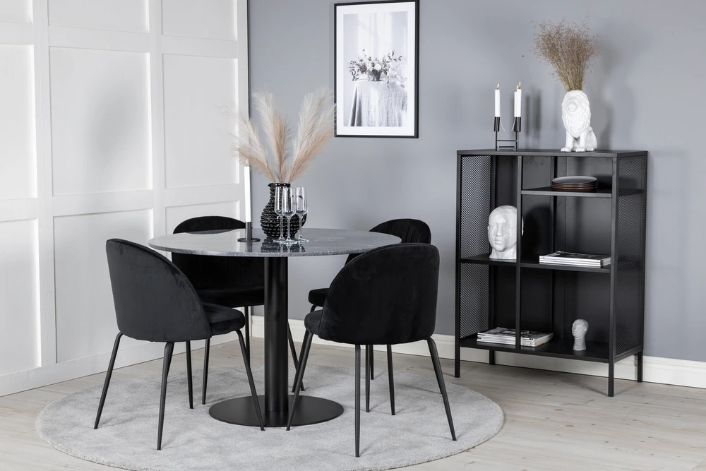Venture Design Valgomojo stalas, Estelle apvalus, ø106 A75 cm, Juodas / Valgomasis kėdė, Raukšlės, 50x79.5x49 cm, Juoda