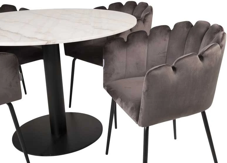 Venture Design Valgomojo stalas, Estelle, ø106 cm, Juoda/Balta Marmuras, Kėdė, Limhamn, 54x76x61 cm, Pilka