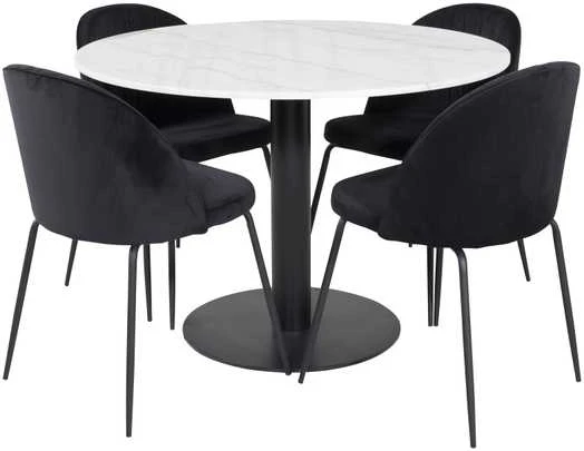 Venture Design Valgomojo stalas, Estelle, ø106x75 cm, Balta / Valgomasis kėdė, Raukšlės, 50x79.5x49 cm, Juoda