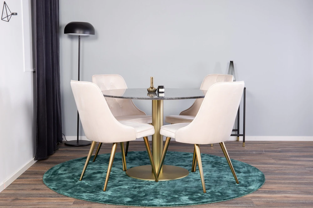 Venture Design Valgomojo stalas, Estelle, ⌀106 cm, Pilka marmuras / Valgomasis kėdė, Velvet Deluxe, 66x88.5x50 cm, Bėžinės spalva