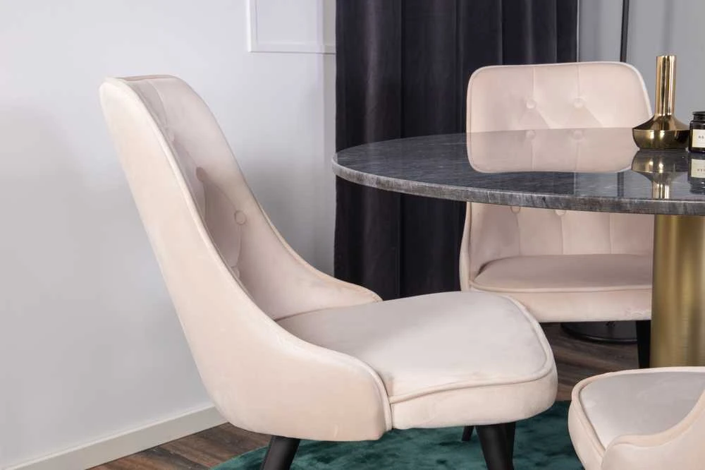 Venture Design Valgomojo stalas, Estelle, ⌀106 cm, Pilka marmuras / Valgomasis kėdė, Velvet Deluxe, 66x88.5x50 cm, Beždžionėlė