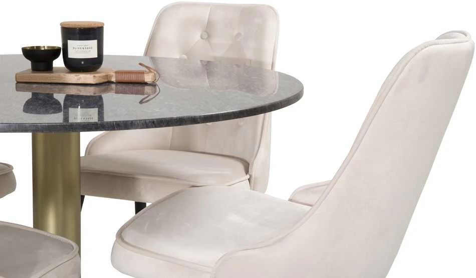 Venture Design Valgomojo stalas, Estelle, ⌀106 cm, Pilka marmuras / Valgomasis kėdė, Velvet Deluxe, 66x88.5x50 cm, Beždžionėlė