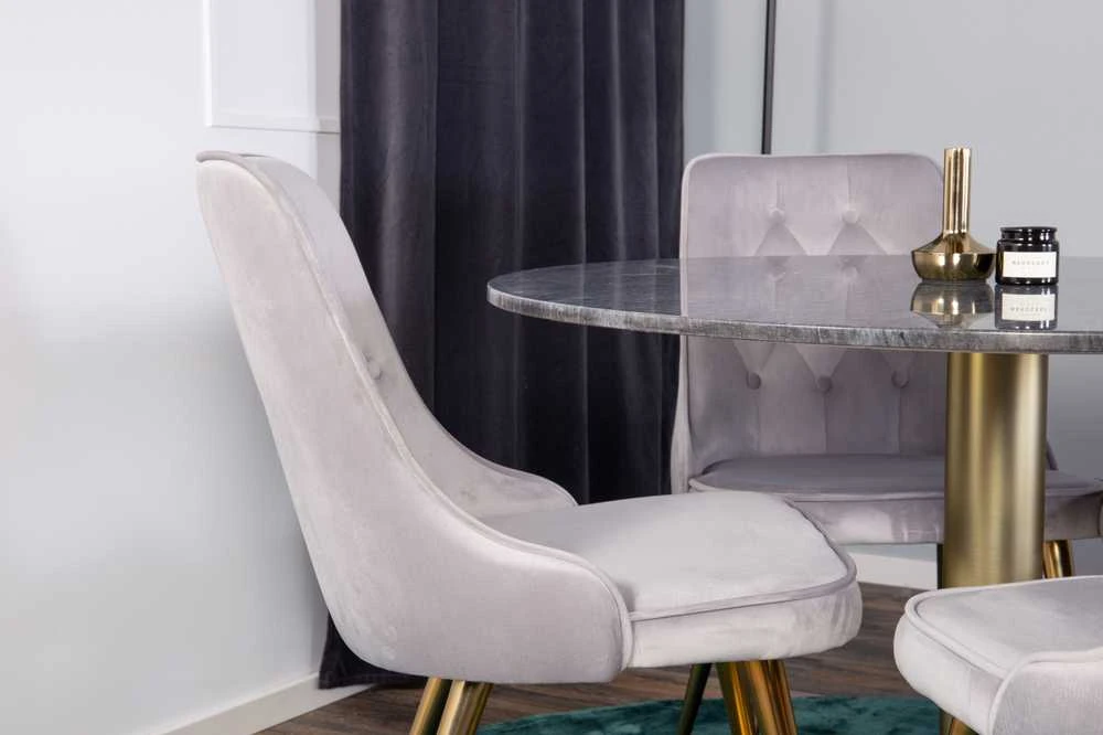 Venture Design Valgomojo stalas, Estelle, 106 cm, Pilka marmuras / Bronza - Valgomasis kėdė, Velvet Deluxe, 66x88.5x50 cm, Šviesiai pilkas velvetinis