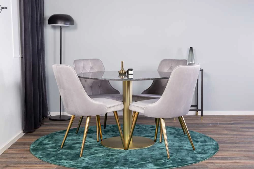 Venture Design Valgomojo stalas, Estelle, 106 cm, Pilka marmuras / Bronza - Valgomasis kėdė, Velvet Deluxe, 66x88.5x50 cm, Šviesiai pilkas velvetinis