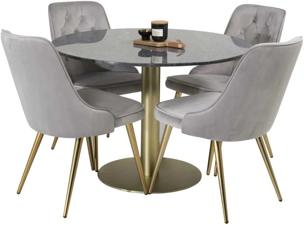 Venture Design Valgomojo stalas, Estelle, 106 cm, Pilka marmuras / Bronza - Valgomasis kėdė, Velvet Deluxe, 66x88.5x50 cm, Šviesiai pilkas velvetinis