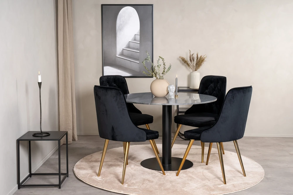 Venture Design Valgomojo stalas, Estelle, ⌀106 cm, Pilka marmuras, Velnio prabangūs kėdės, 66x88.5x50 cm, Juoda