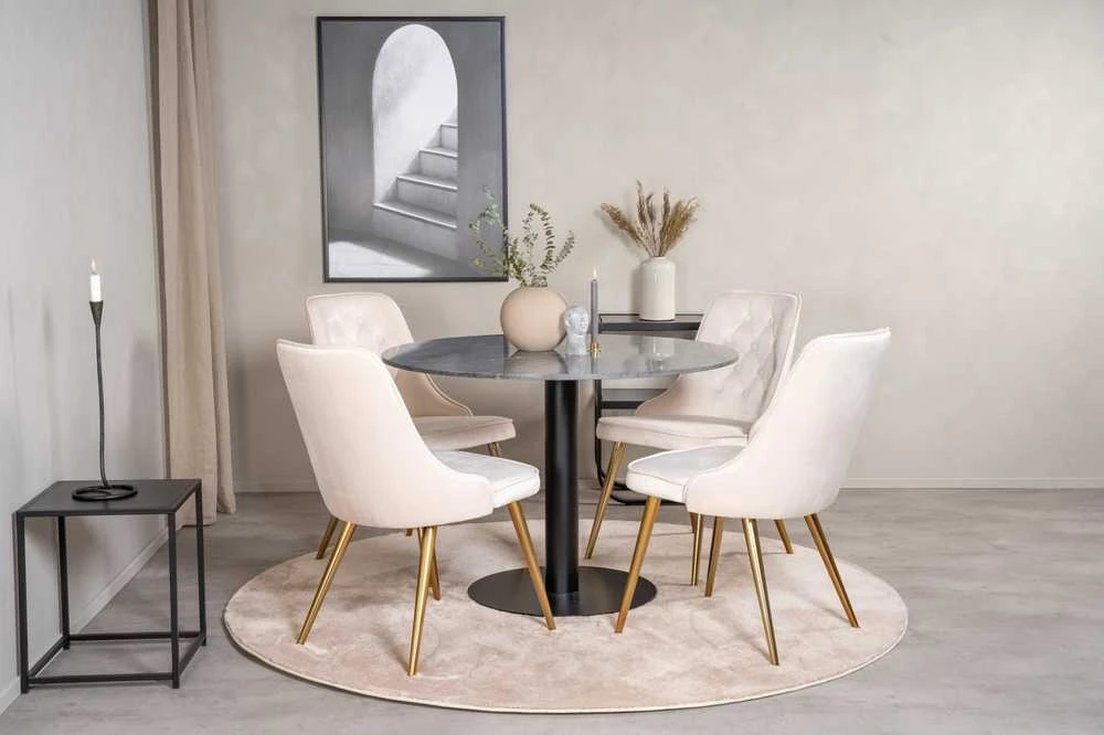 Venture Design Valgomojo stalas, Estelle, ø106xA75 cm, Juodas / Valgomasis kėdė, Velvet Deluxe, 66x88.5x50 cm, kreminė spalva