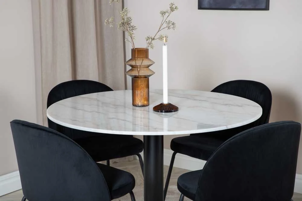Venture Design Valgomojo stalas, Estelle, ø106x75 cm, Balta / Valgomasis kėdė, Raukšlės, 50x79.5x49 cm, Juoda