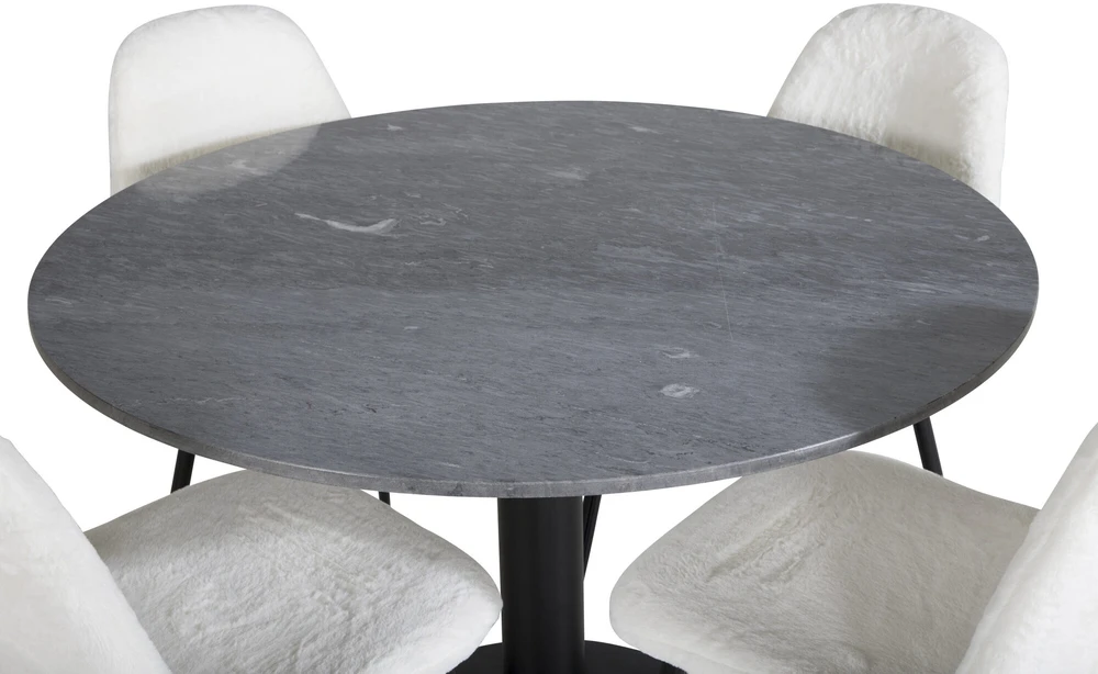 Venture Design Valgomojo stalas, Estelle apvalus, ø106 A75 cm, Juodas / Valgomasis kėdė, Polar Fluff, 53x87x44 cm, Balta