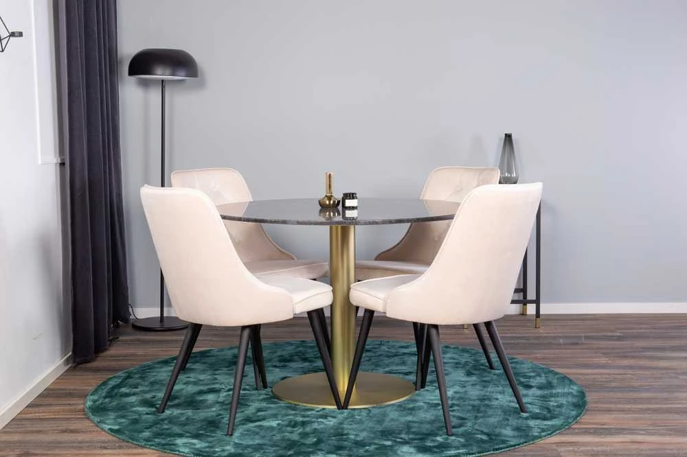 Venture Design Valgomojo stalas, Estelle, ⌀106 cm, Pilka marmuras / Valgomasis kėdė, Velvet Deluxe, 66x88.5x50 cm, Beždžionėlė